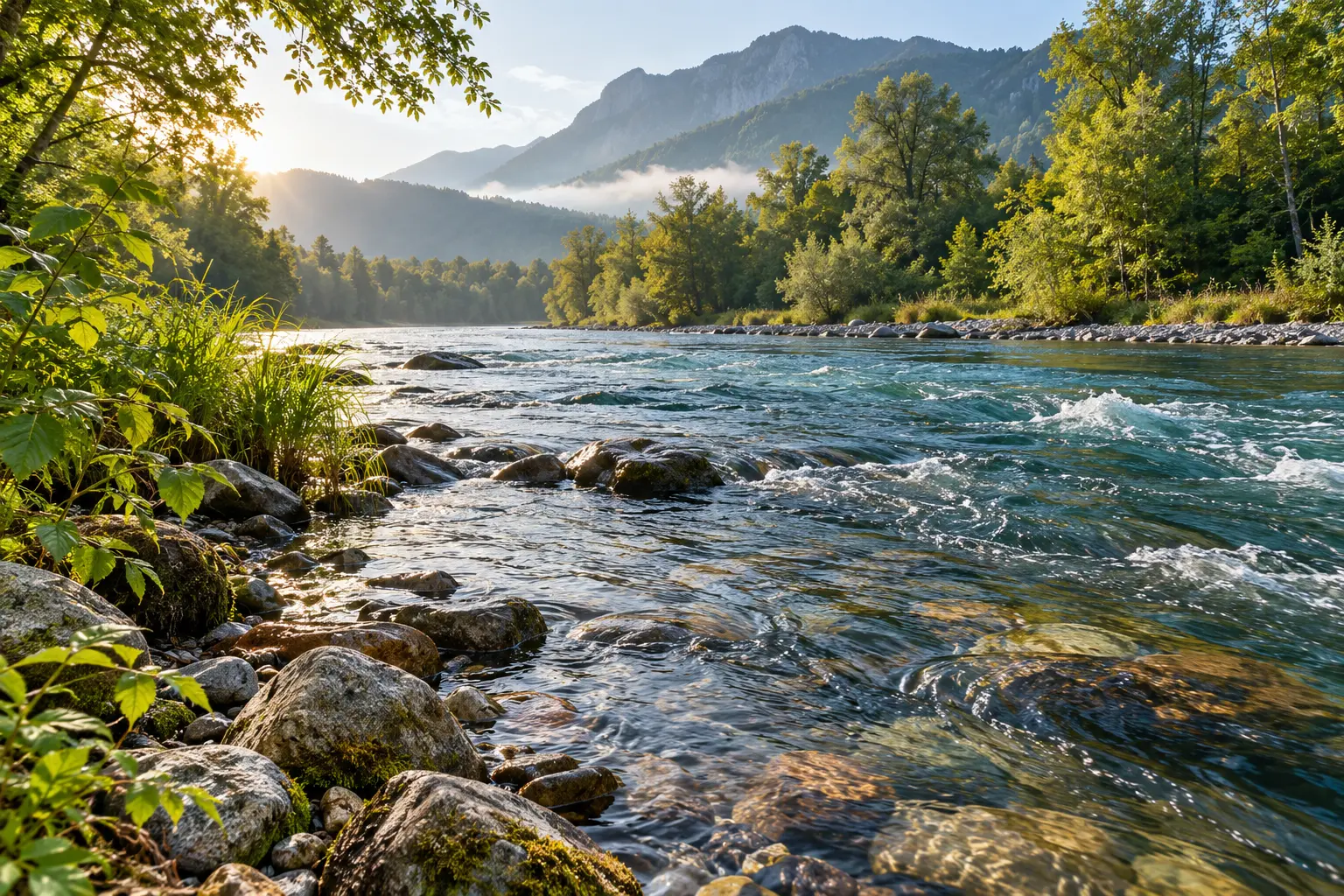 Courant vif et détails de berge sur une rivière bordée d’arbres