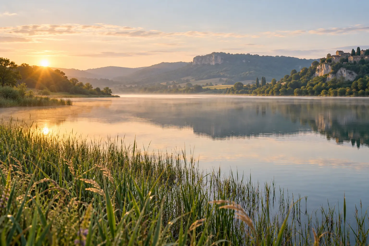 Rive paisible d’un lac avec des roseaux dans la lumière du matin