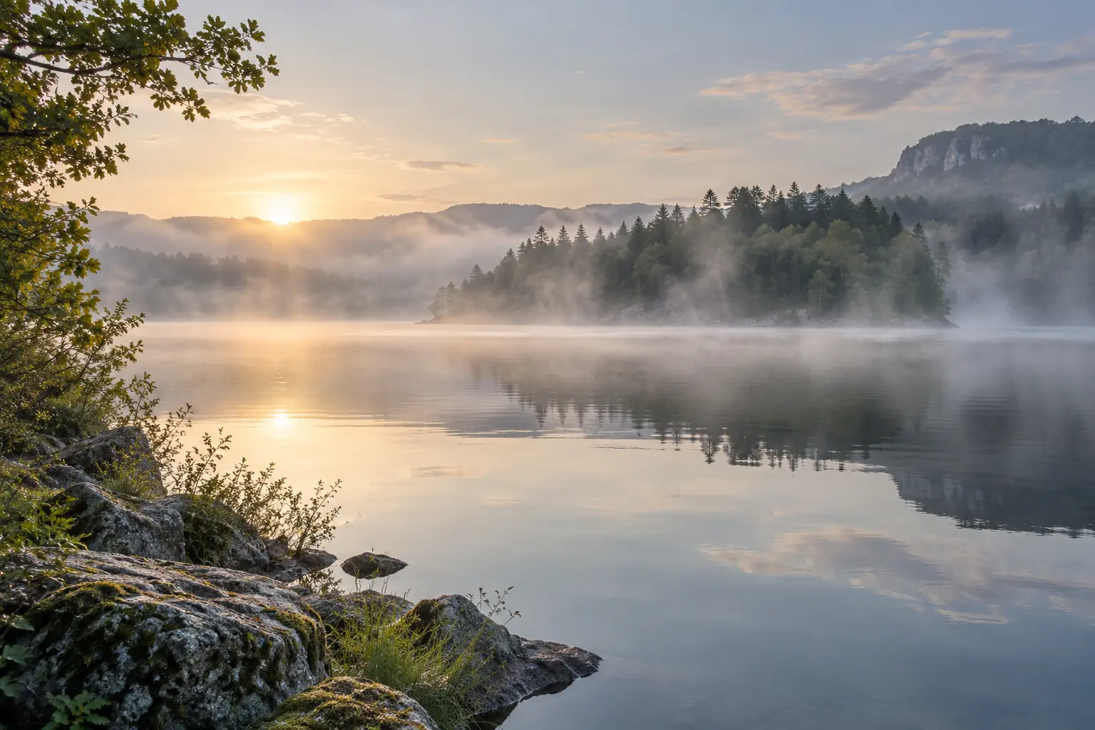 Brume légère au-dessus d’un lac français au lever du jour