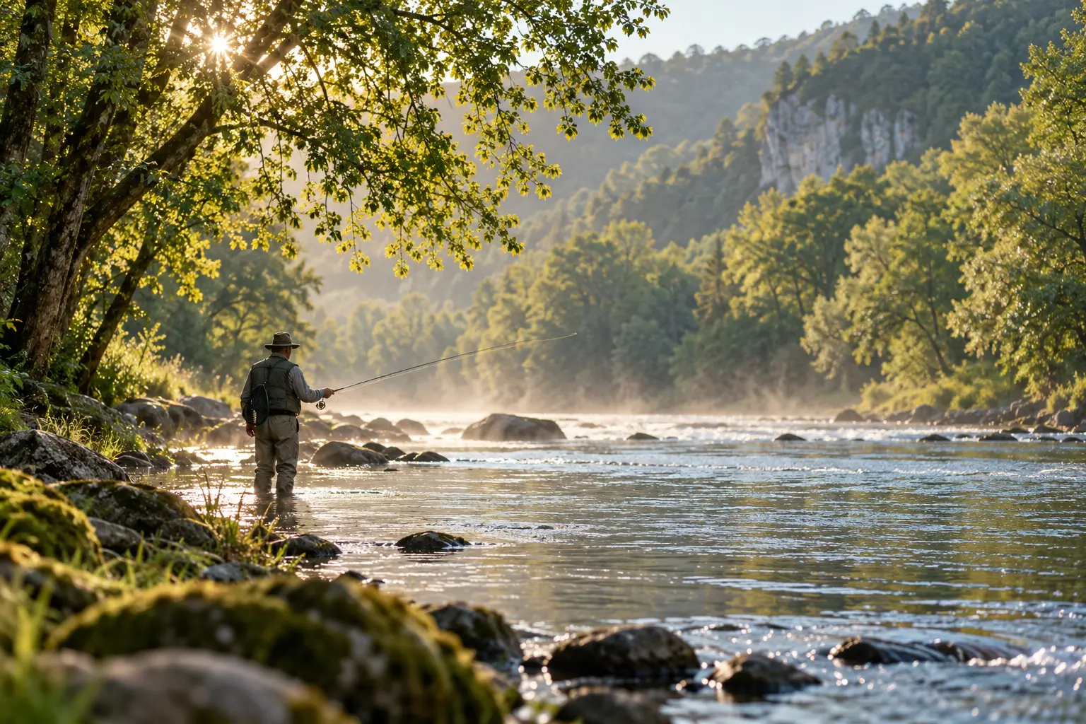 Pêcheur observant une rivière depuis la berge